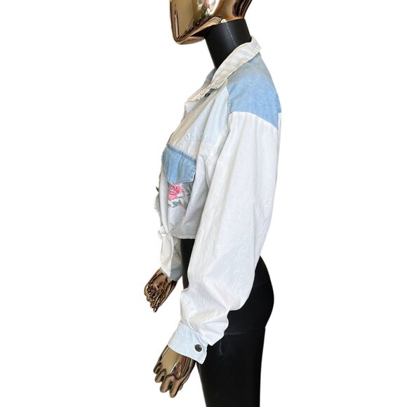 Vintage White YOU Babes Cropped Patchwork Button Front Shirt Medium USA Made - Picture 6 of 10